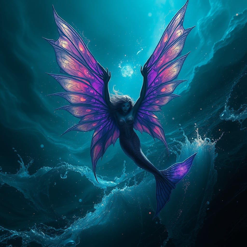 Dramatic Dark Mermaid Sails the Sea with Ethereal Fairy Wing...