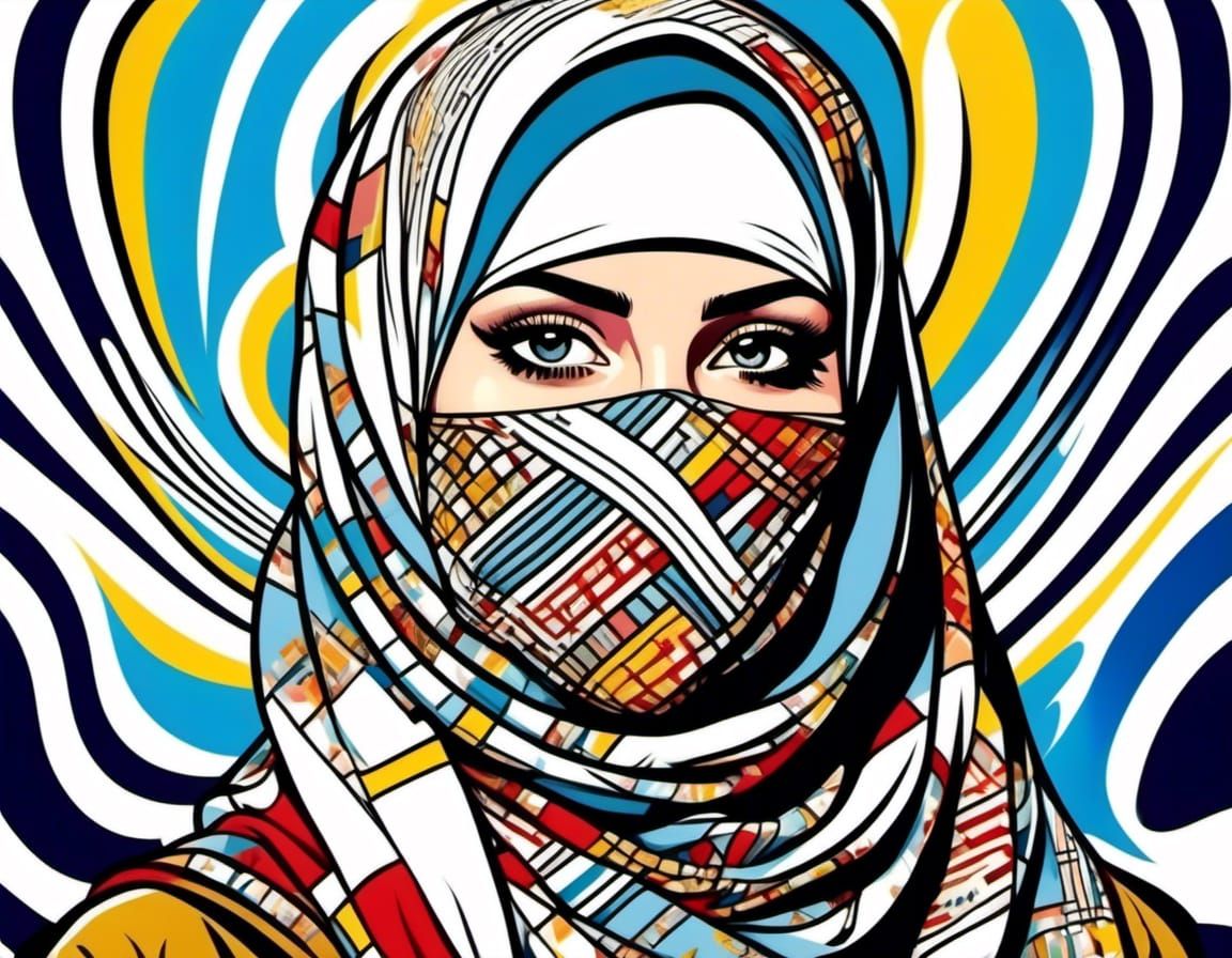 Hijabi Woman with Facemask in Lichtenstein Style