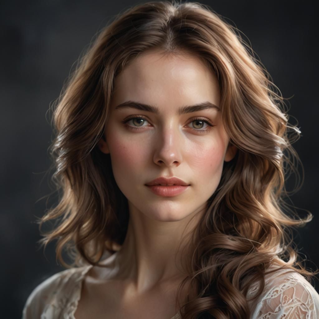 Portrait of a young woman with feminine beauty, graceful expression, soft lighting, delicate features - soft skin, flowi...