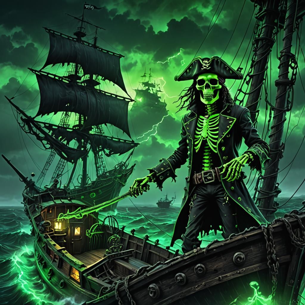 Neon Green Skeleton Pirate on Ghost Ship