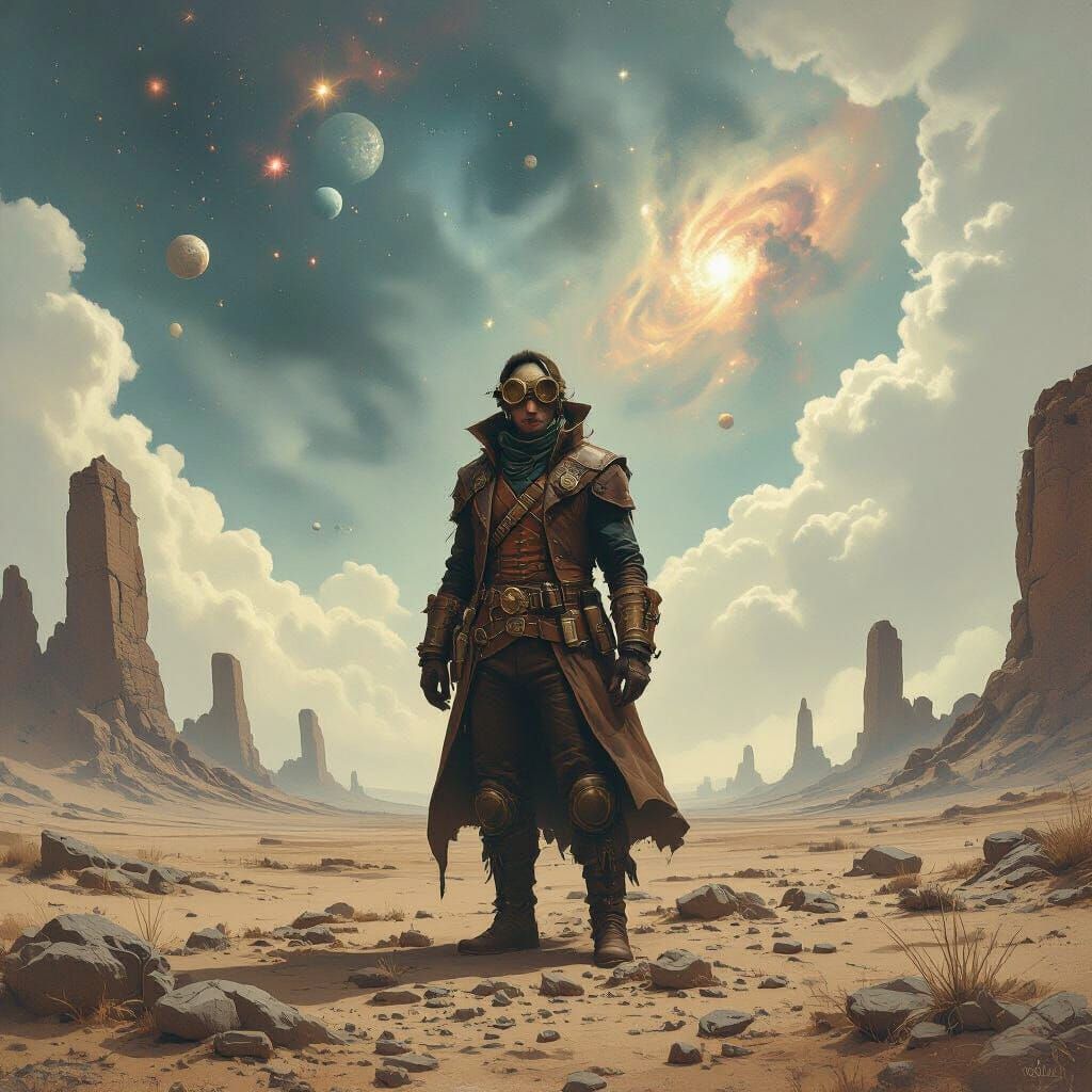 Steampunk Adventurer Amidst Cosmic Ruins