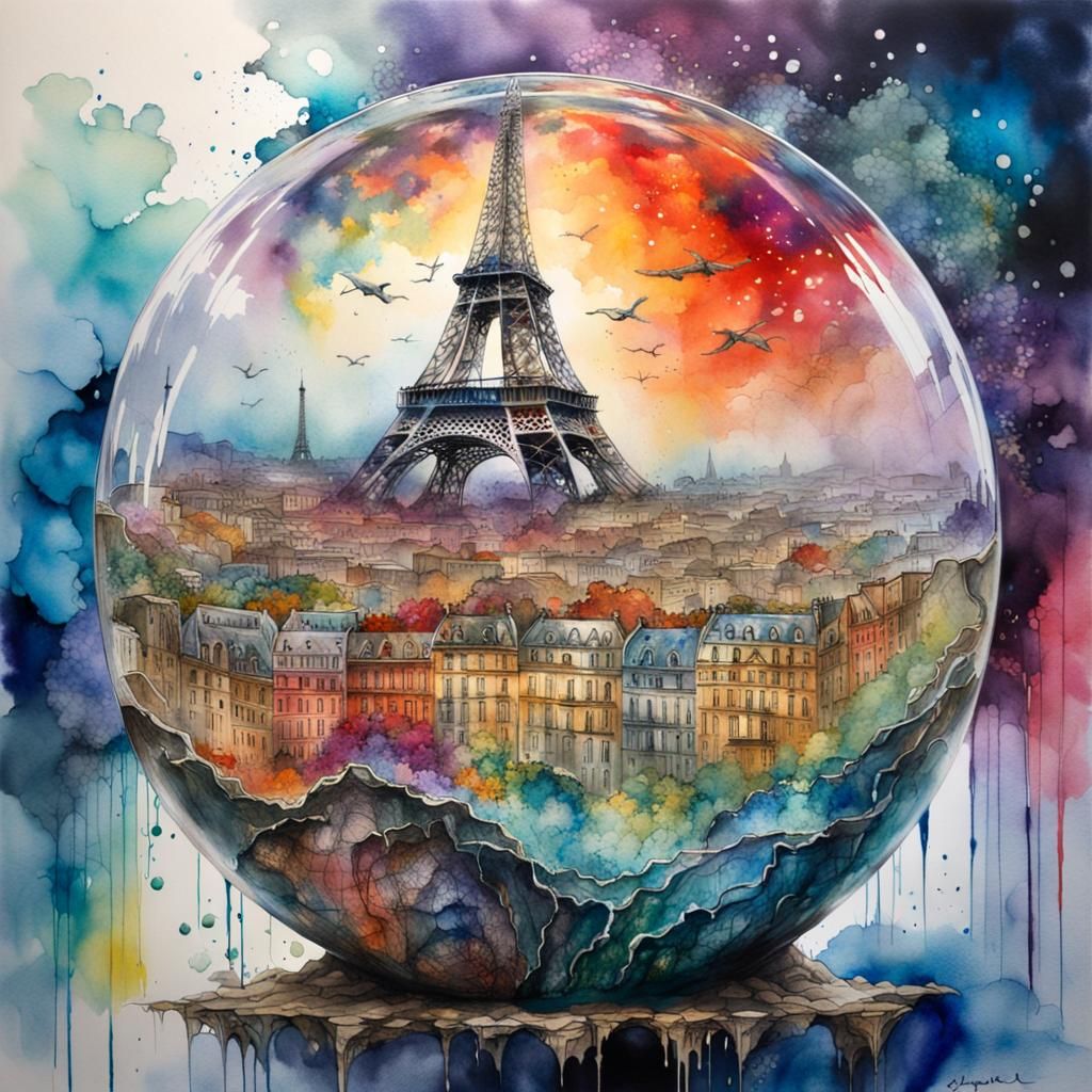 Paris in Glass Terrarium: Watercolor Fantasy Storm