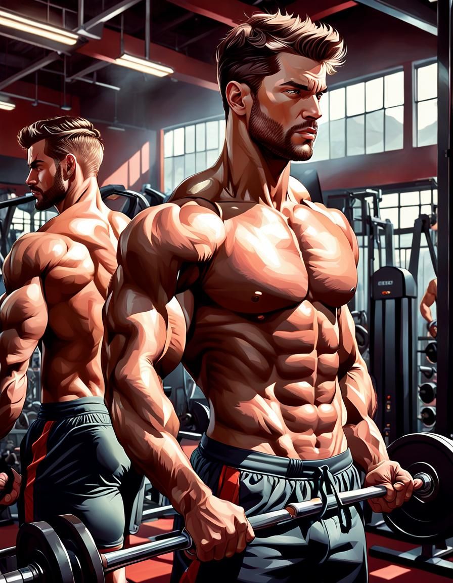 Hyperrealistic Gym Scene with Muscular Men