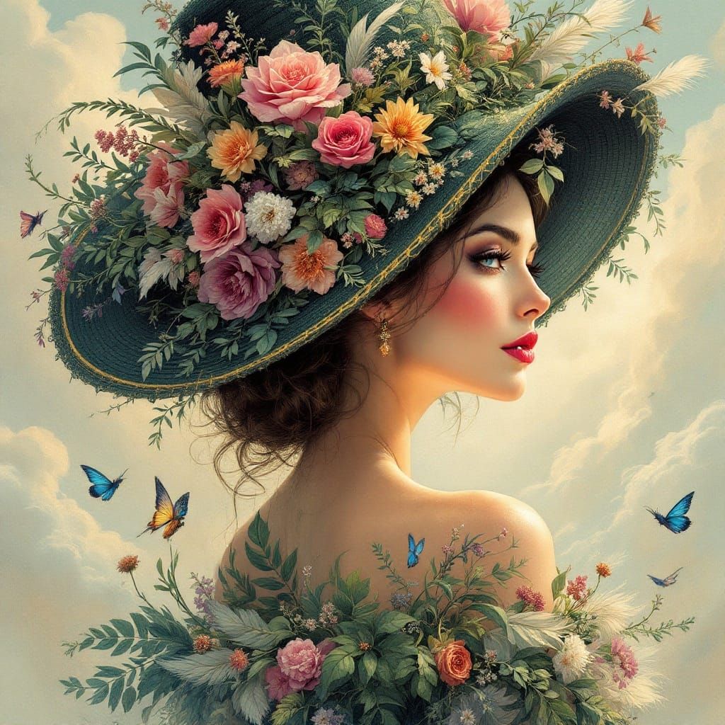 Lady with Extravagant Floral Hat in Fantasy Art Style