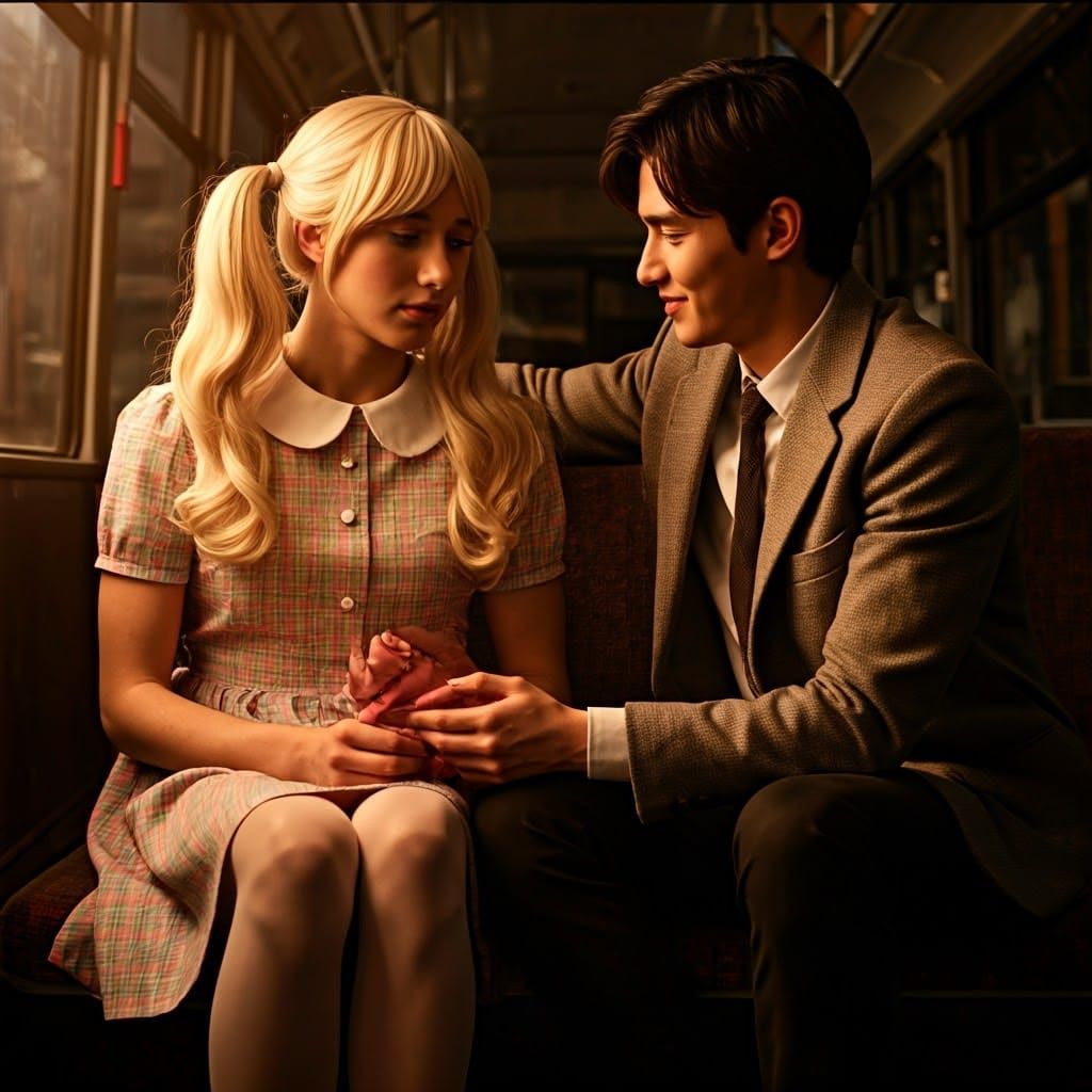 Cinematic Moment of Intimacy in a Dimly Lit Bus