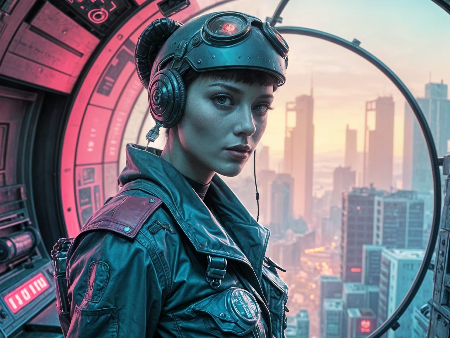 Cybernetic woman in the a glass tunnel above a  futuristic dystopian ghetto