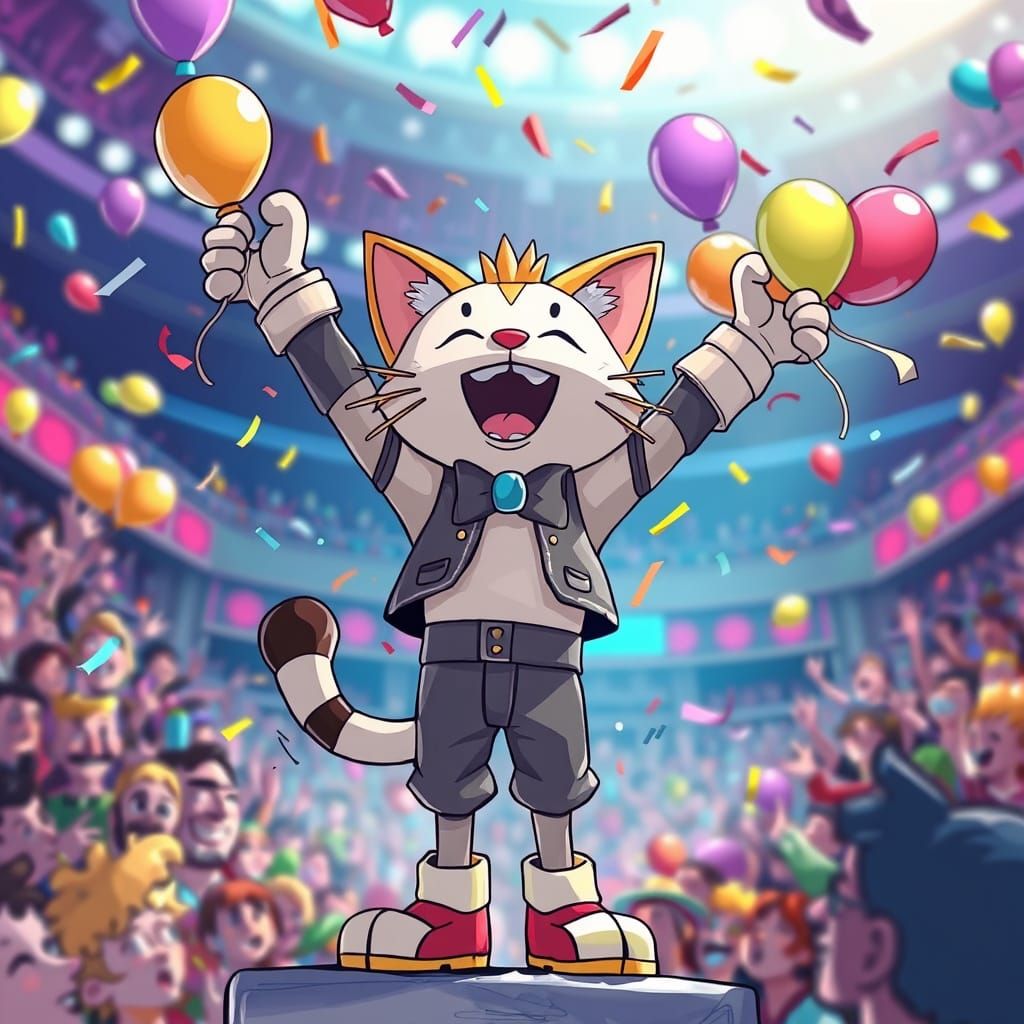 Meowscles Victory Celebration in Cartoon Style