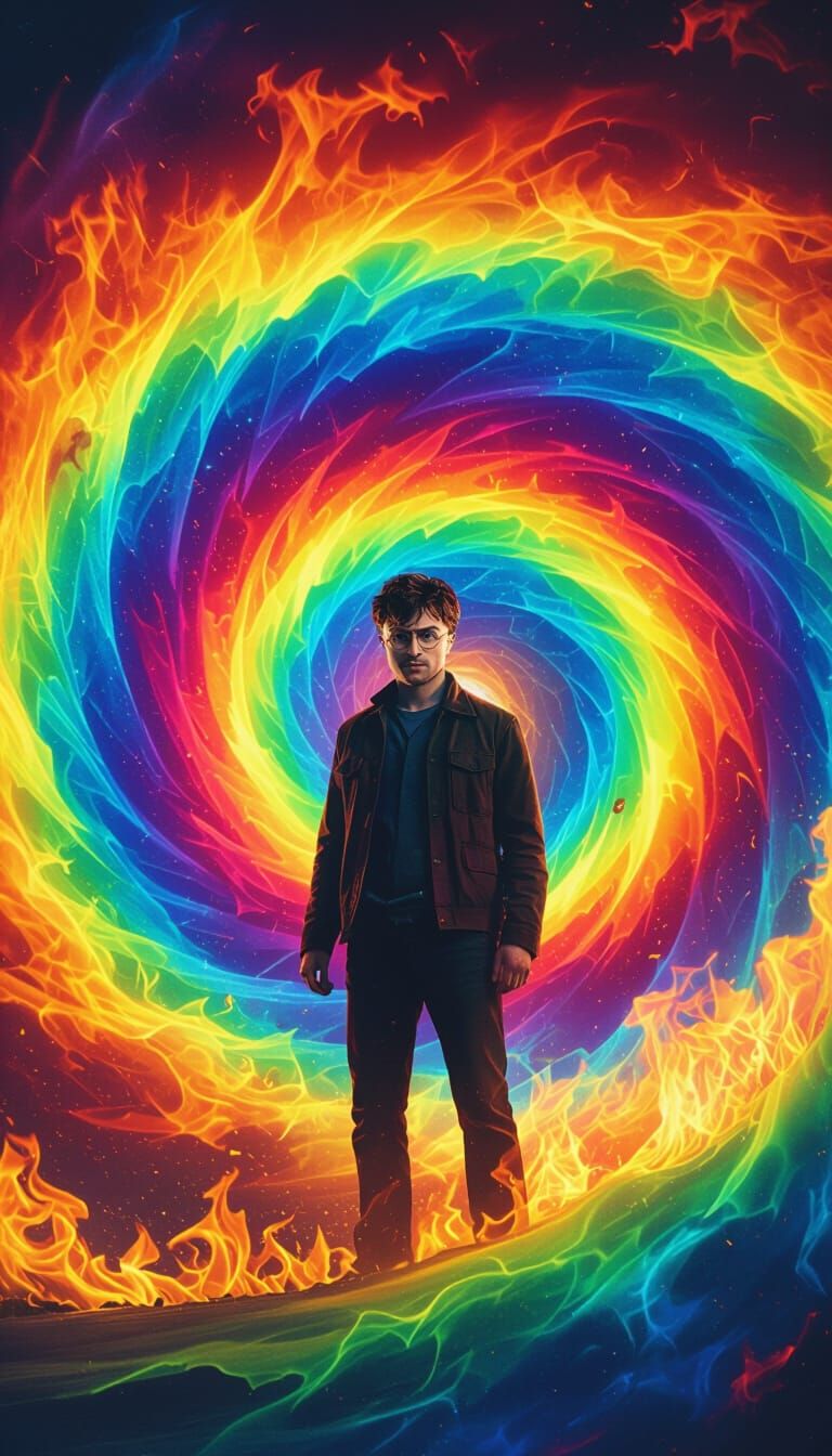 Man at Rainbow Vortex with Flames, Cinematic Lighting