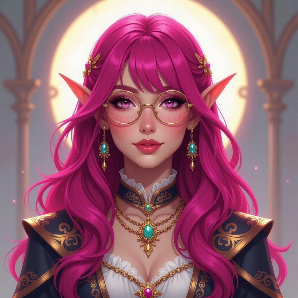 Pink Skinned Tiefling Cleric with Glasses and Jewelry