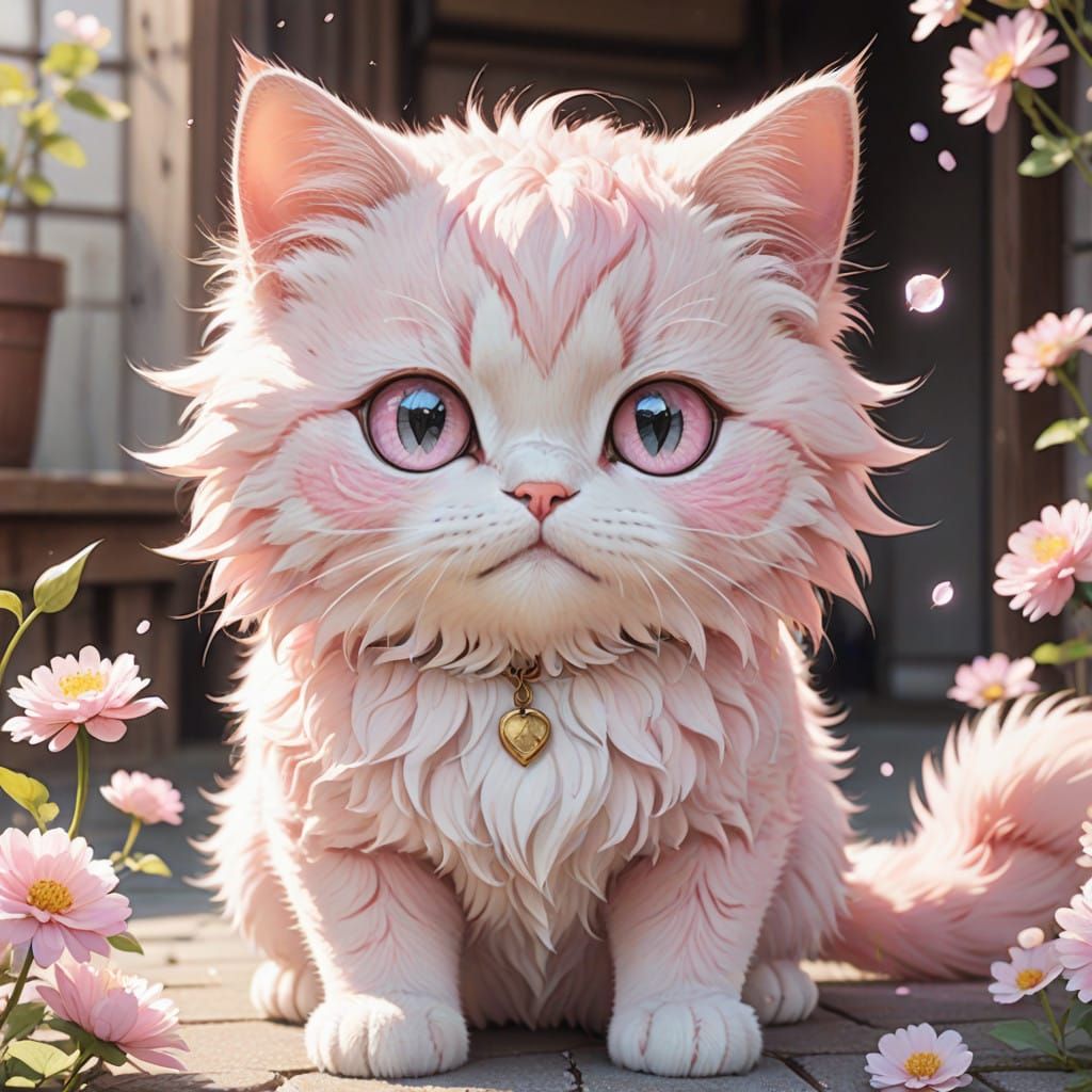 Anime Cat in Pastel Pink Dreamscapes