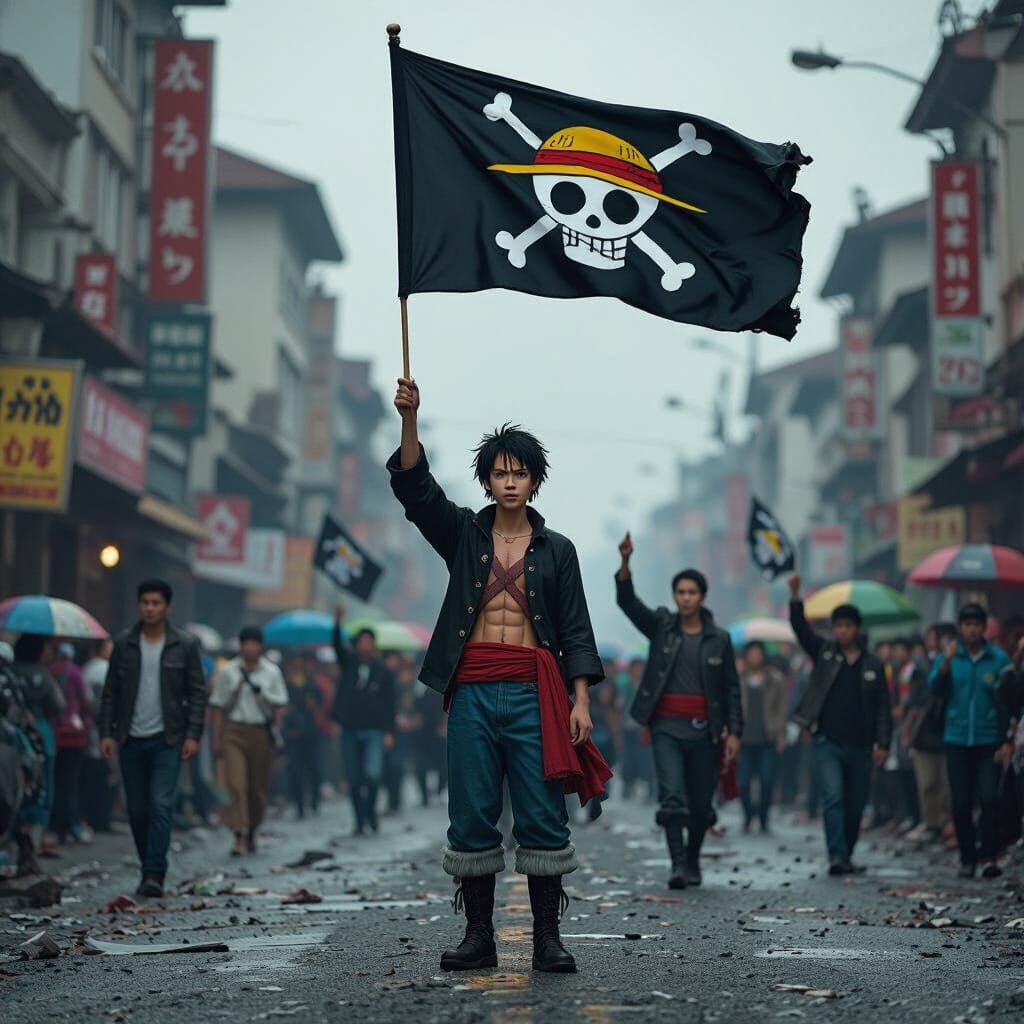 Dystopian One Piece Protest in Ruined City
