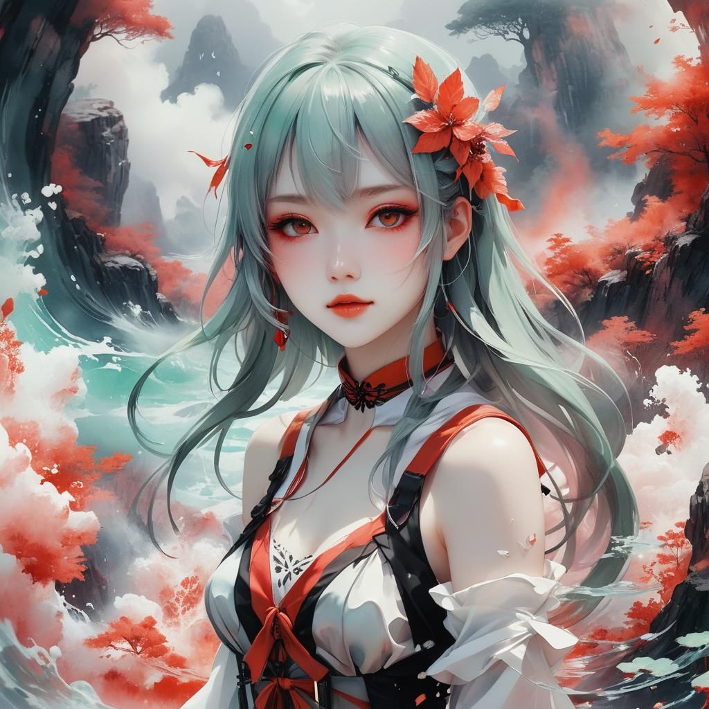 Watercolor Girl in Surreal Anime Landscape