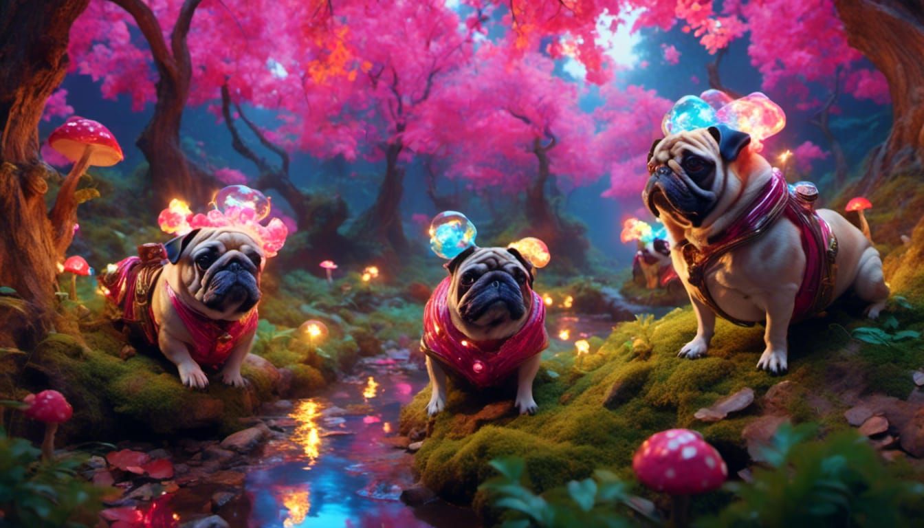 Glowing Pugs Stroll on Mushroom Path, Pastel Watercolors