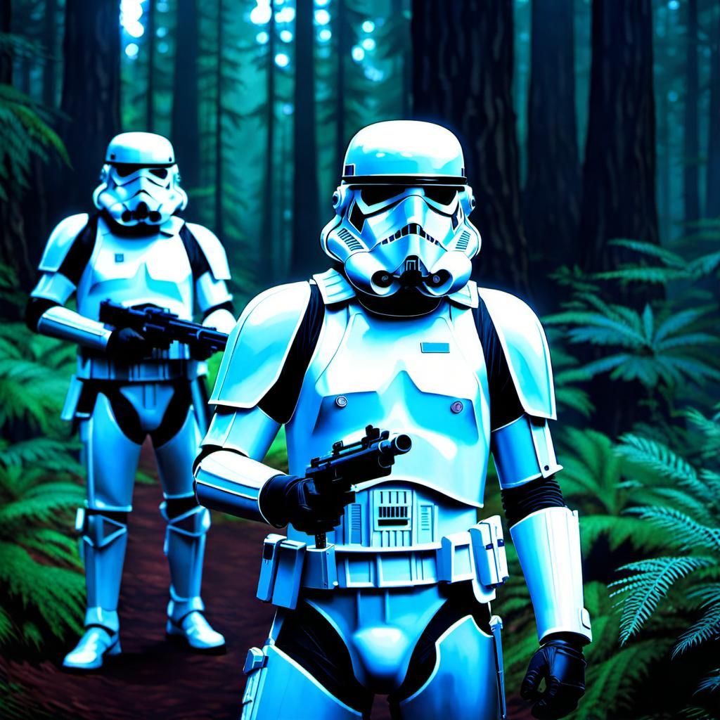 Stormtroopers on Endor: Hyperrealistic Cinematic Scene