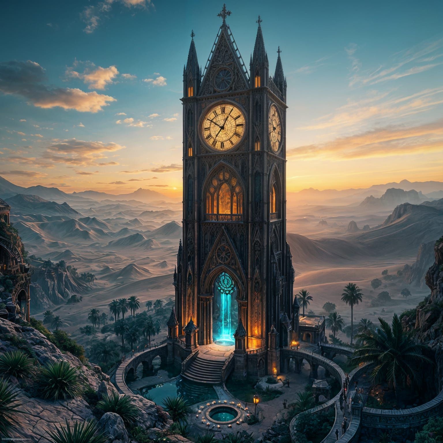 Gothic Clock Tower Oasis in Matte Painting Style