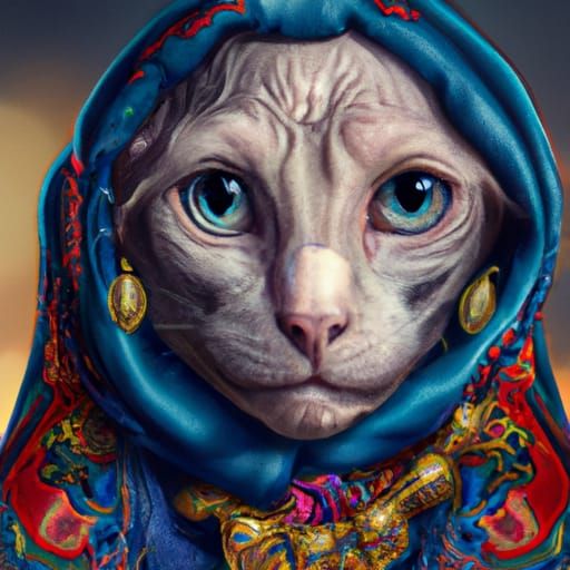 Babushka Sphynx Cat Portrait in Hyperdetailed Style