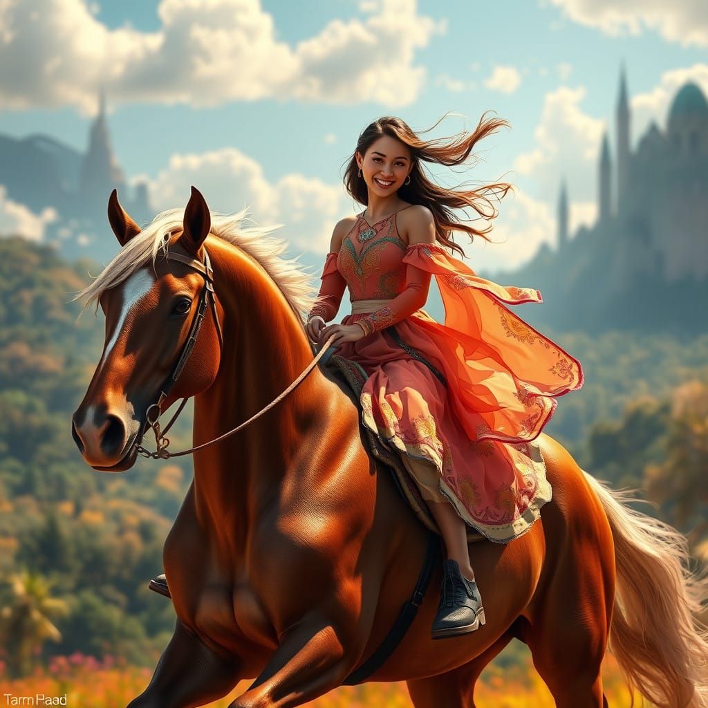 Whimsical Woman on Majestic Horse in Dreamlike Landscape