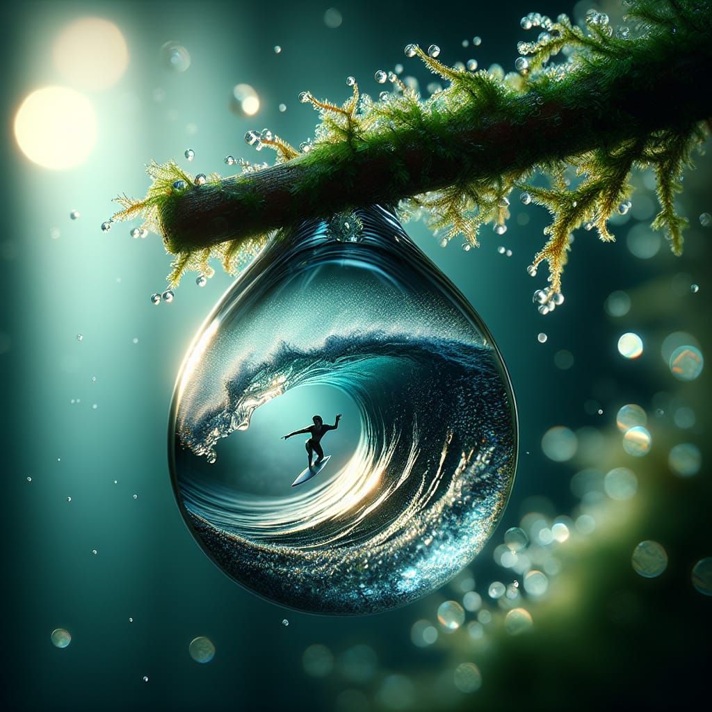 Surfer in a Droplet: Hyperrealistic Macro Photograph