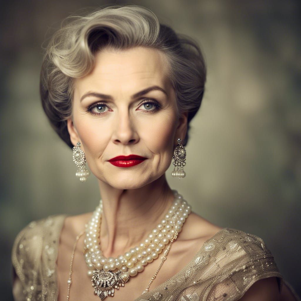 Elegant Woman Portrait with Red Lips in Vintage Style