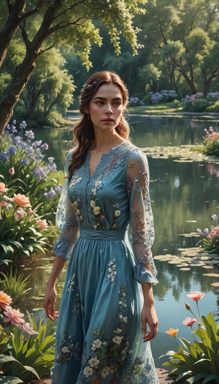 Young Woman in Blue Dress Walking Through Vibrant Garden