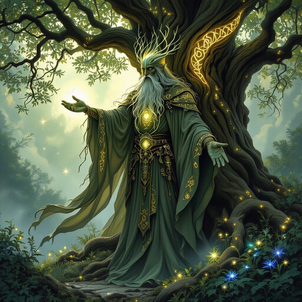 Glowing Runes: A Tree Spirit in Art Nouveau Style