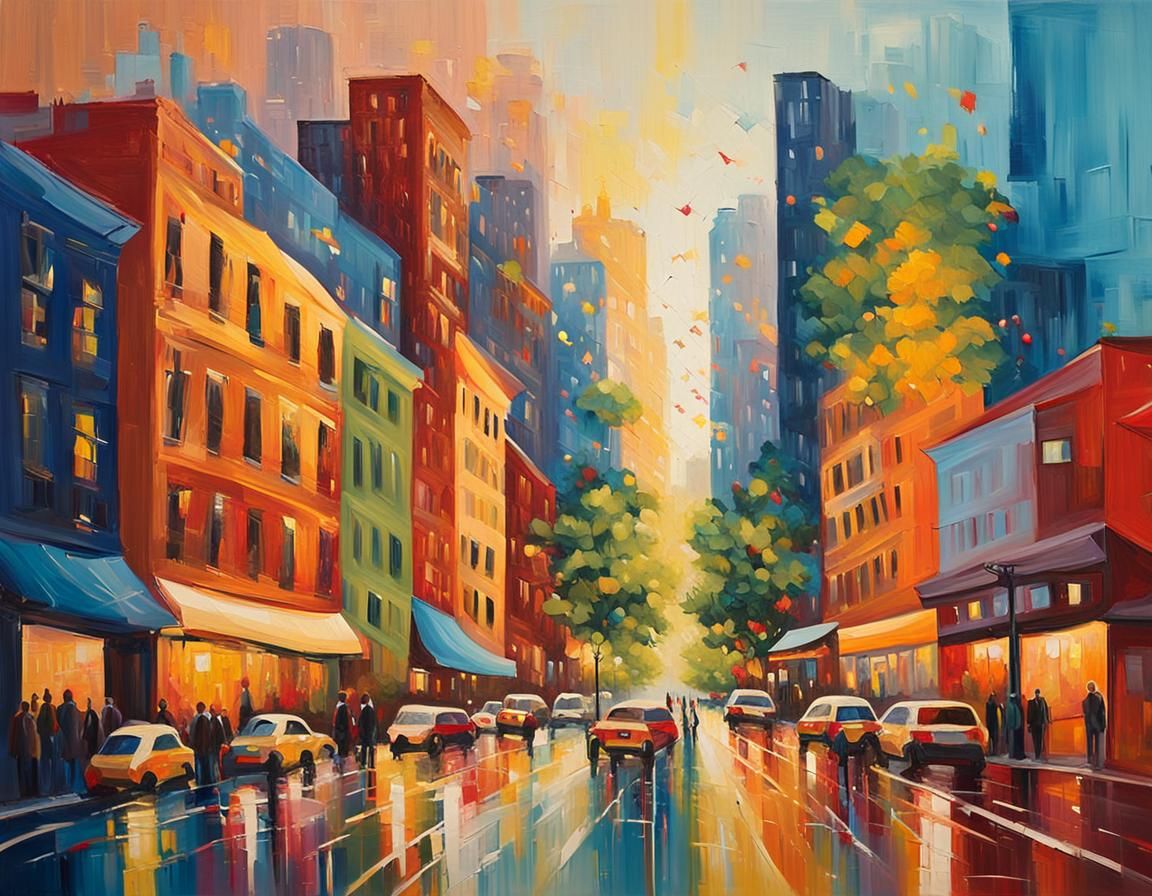 Vibrant Abstract Cityscape Painting in Expressionist Style