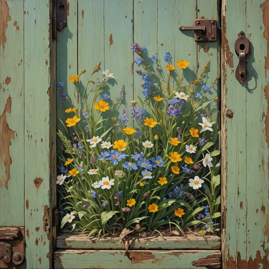 Lustrous Spring Wreath Oil Painting on Old Door
