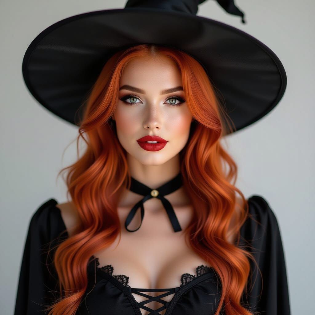 Pretty Red Haired Woman in Witch Halloween Costume