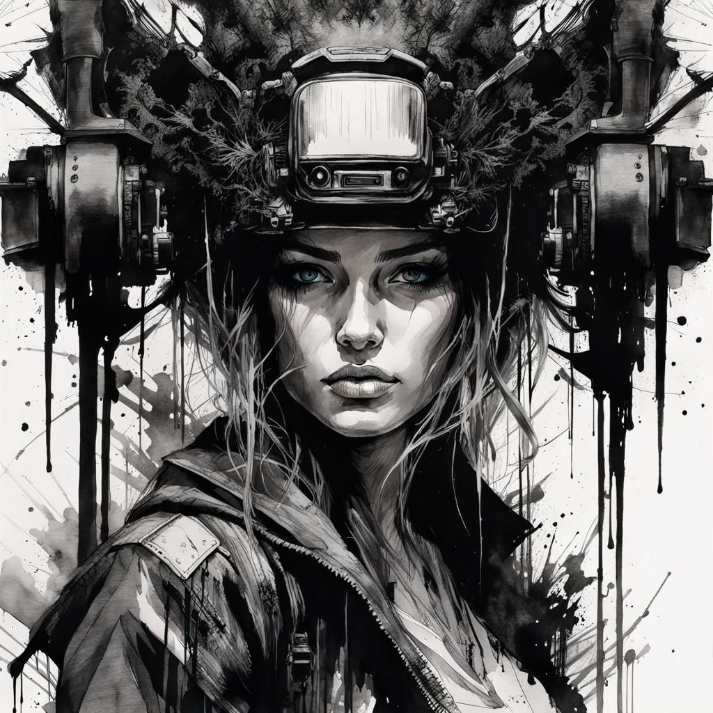 Cyberpunk Woman in Darkness: Ink Crosshatch Watercolor