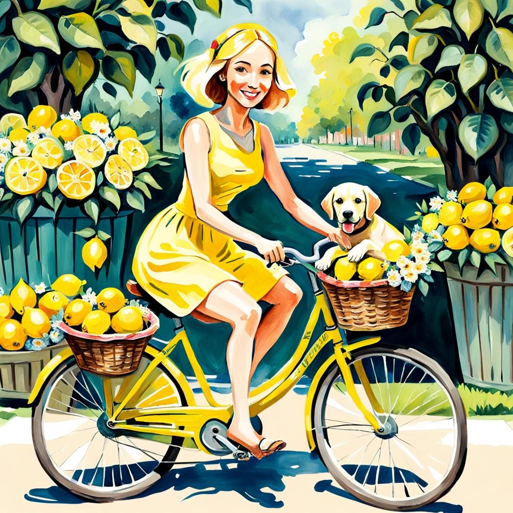 Girl on Lemon Bicycle with Puppy in Gouache Style