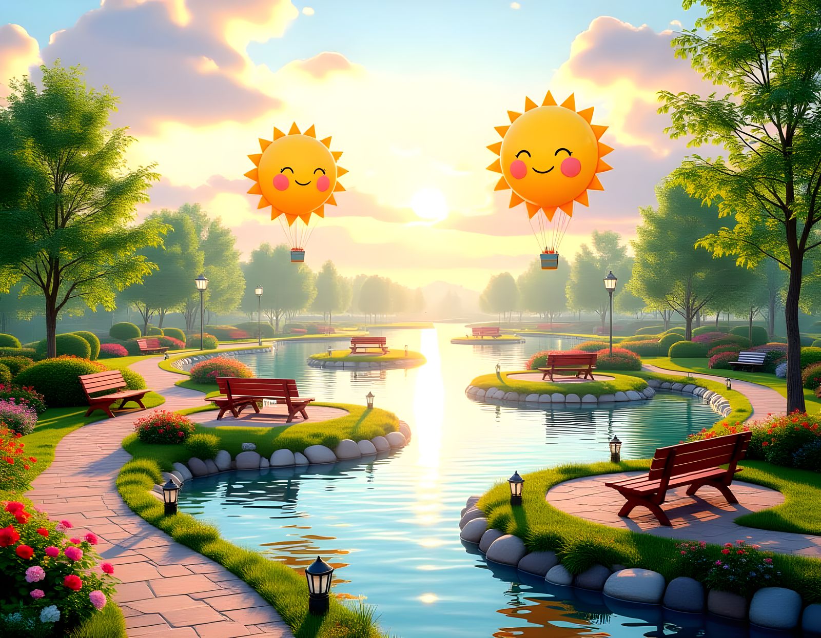 Floating Picnic Islands with Friendly Sun Balloons in Pastel...