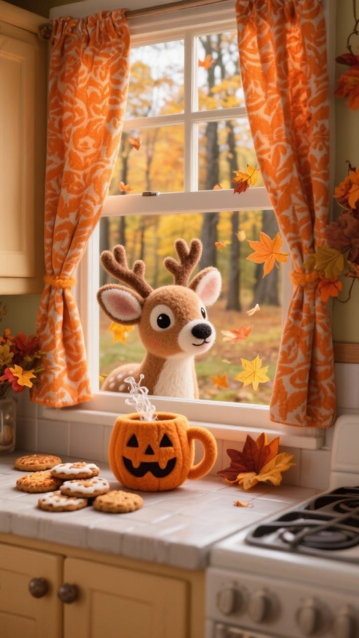 Cute Felt Deer Peeks Into Autumn Kitchen