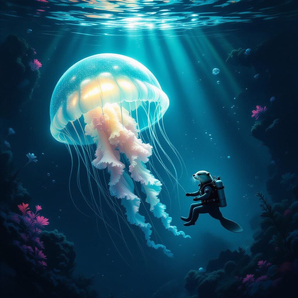 Bioluminescent Jellyfish and Otter in Alien Ocean Depths