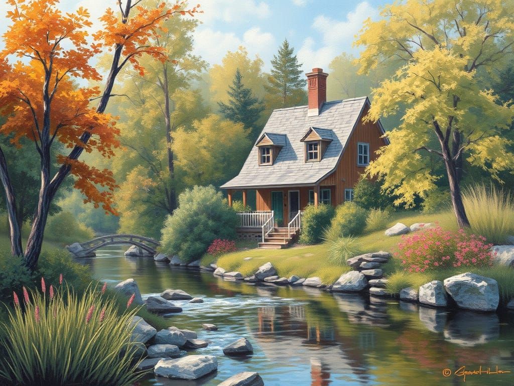 Cozy Cottage by the River in Impressionist Style