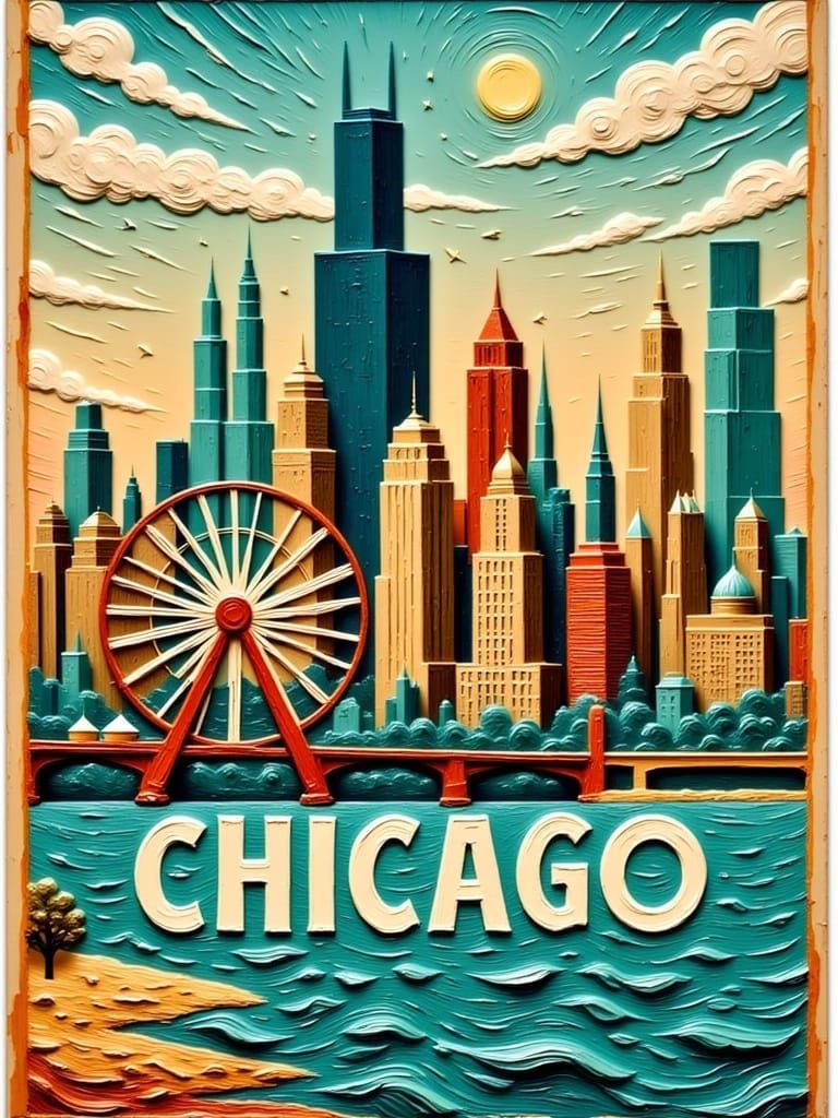 Vintage-Inspired Travel Poster of Chicago's Iconic Skyline