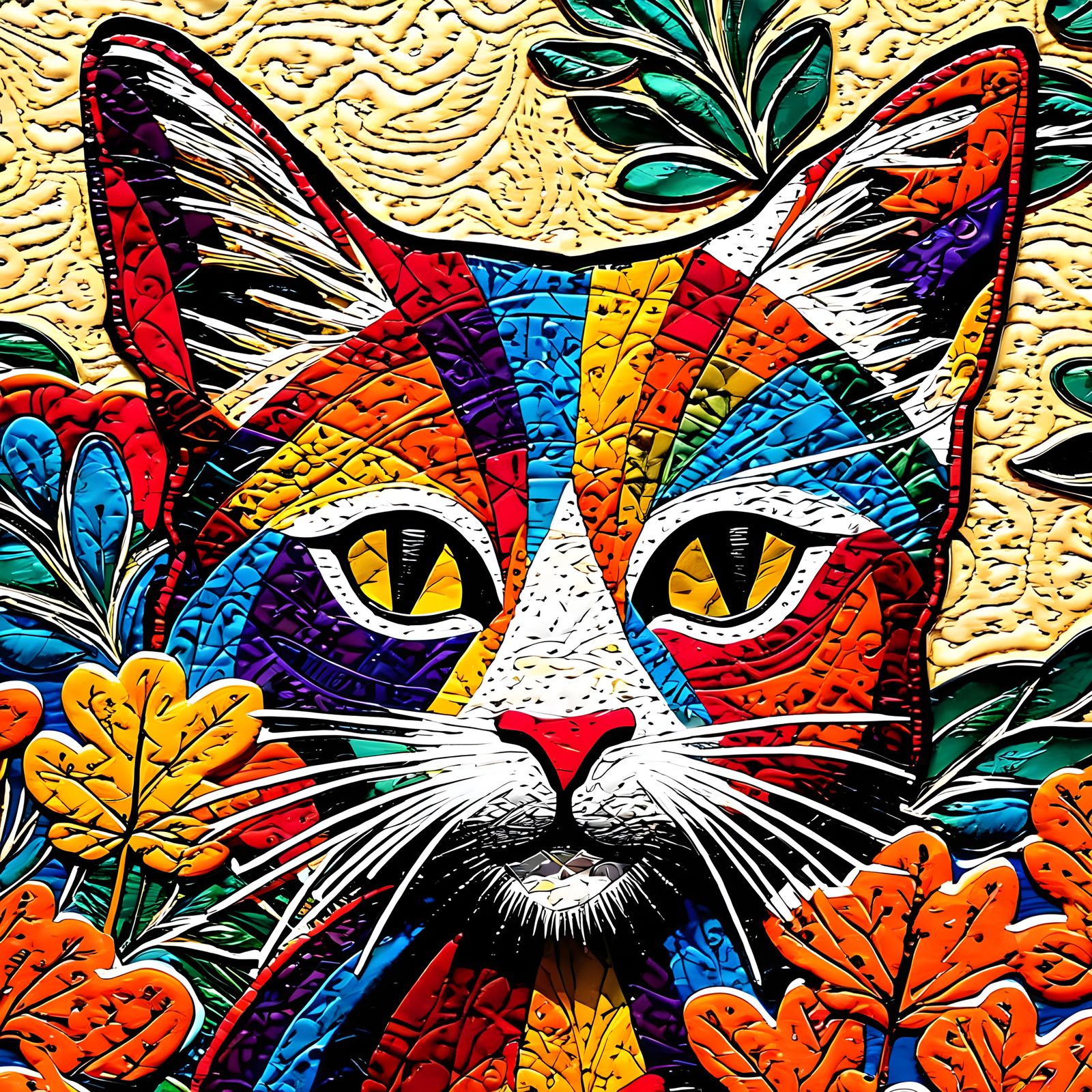 Vibrant Folk Art Cat in Autumn Quilt