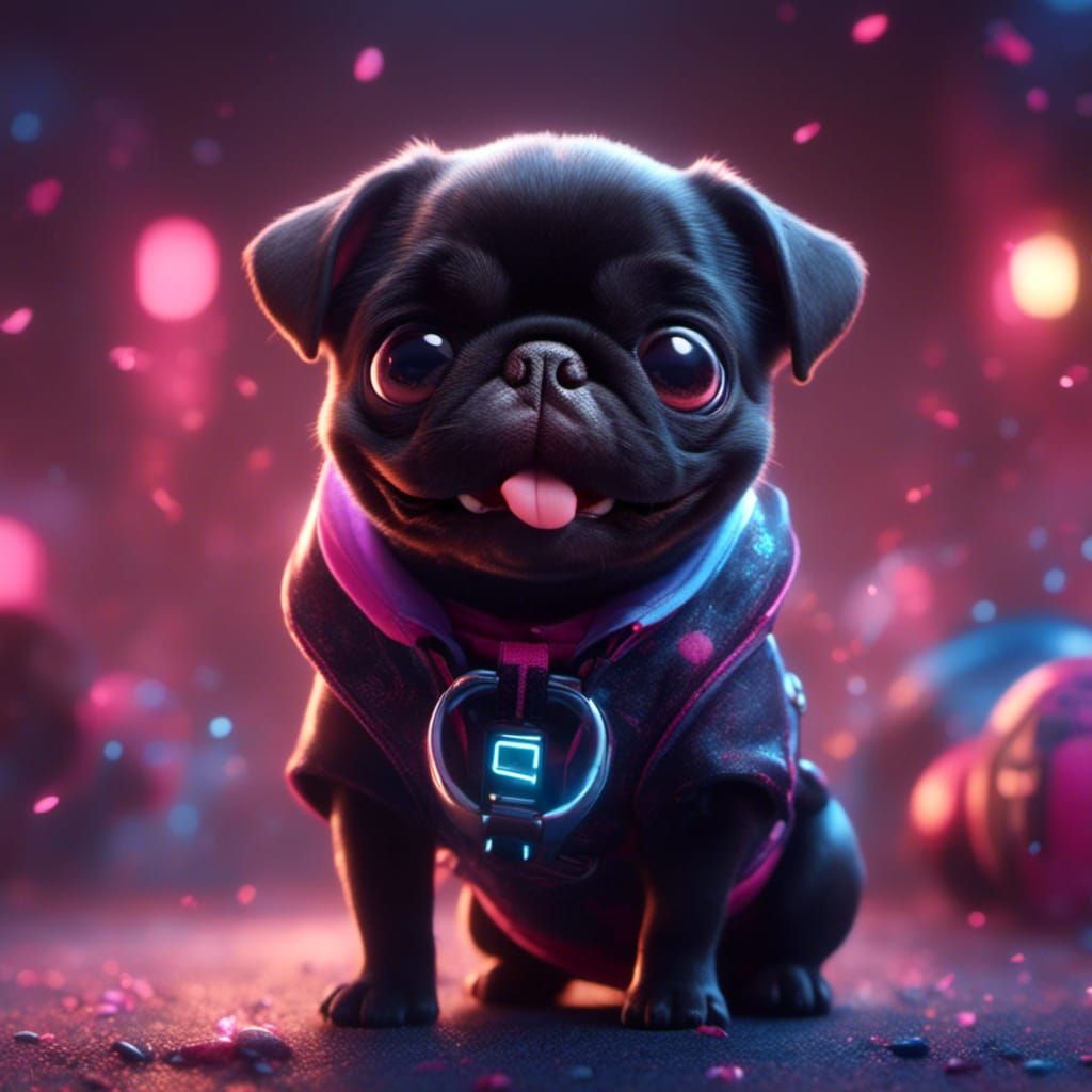 Smiling Black Pug with Pink and Blue Football
