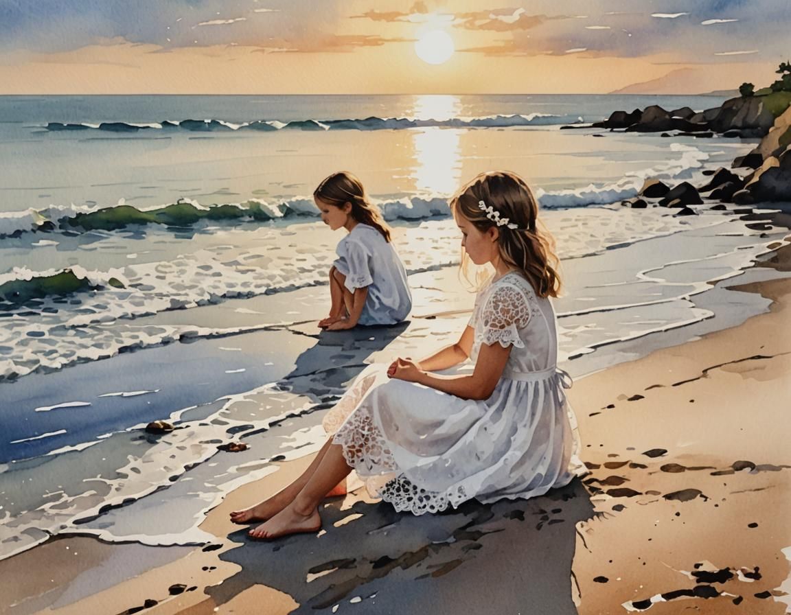 Little Girl Watching Evening Sun as Gouache Painting