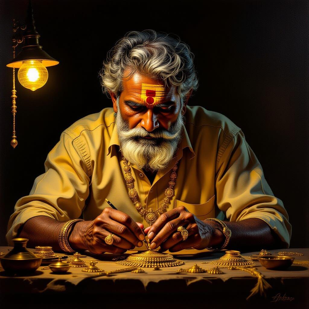Aged Indian Goldsmith Crafts Gold Jewelry in Oil Painting St...