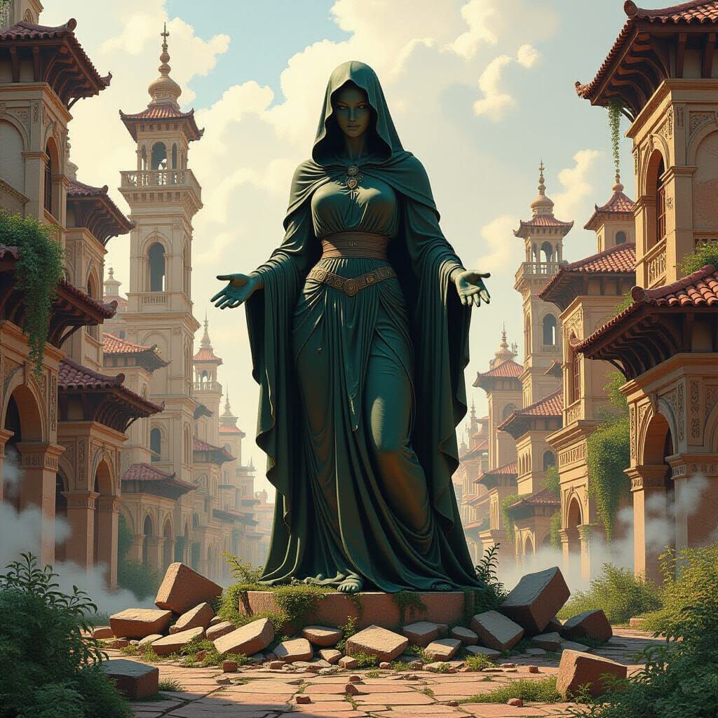 Colossal Shattered Statue in Overgrown City, Oil Painting