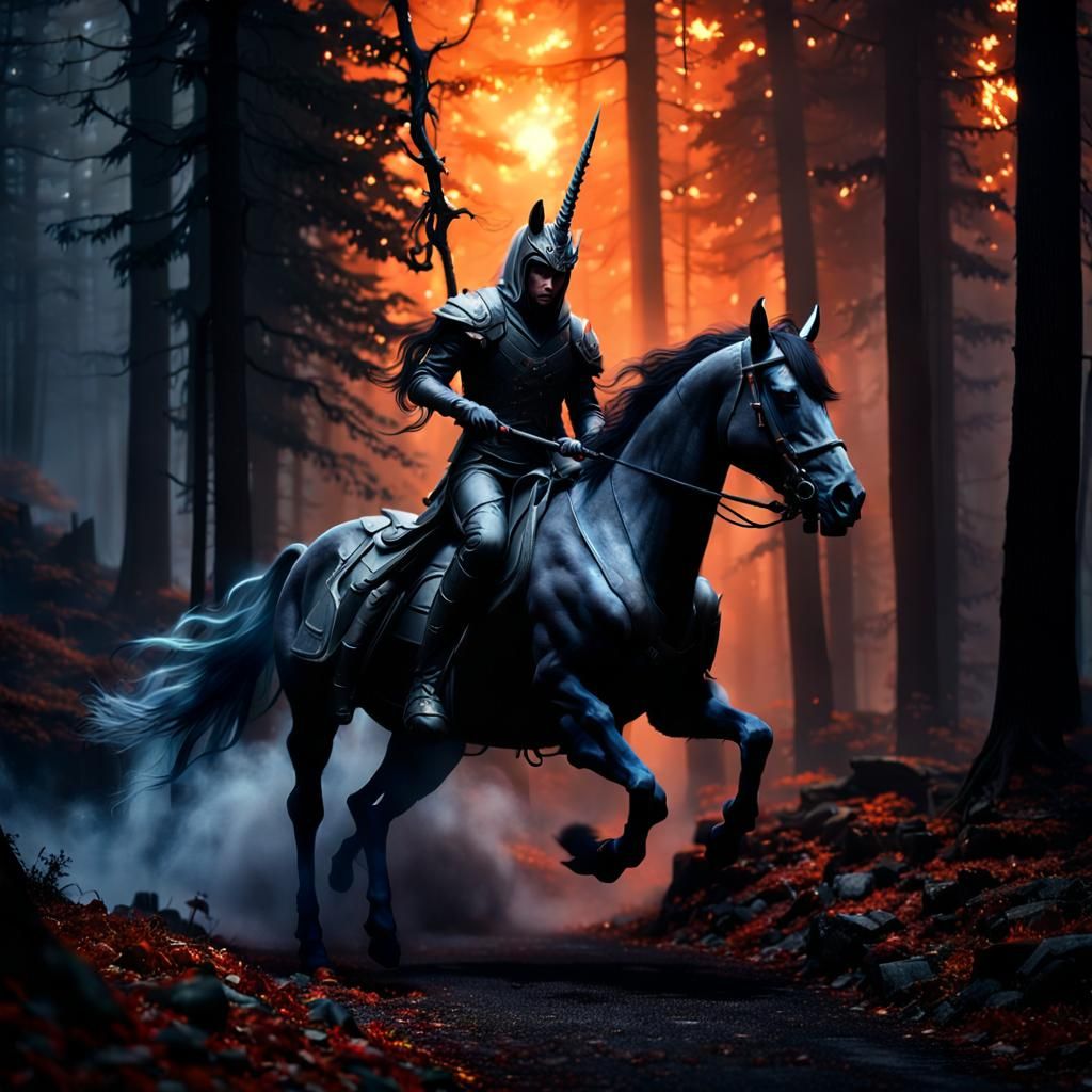 Wraith on Fiery Unicorn in Misty Forest