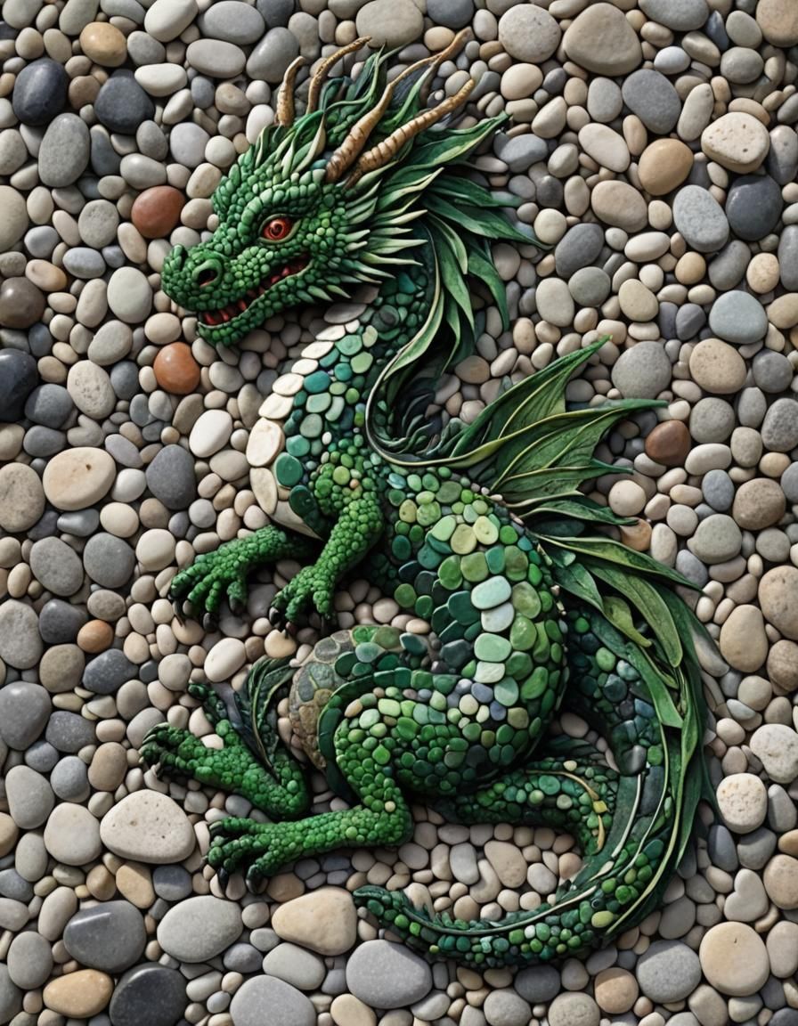 Green Dragon Pebble Art in Impasto Style