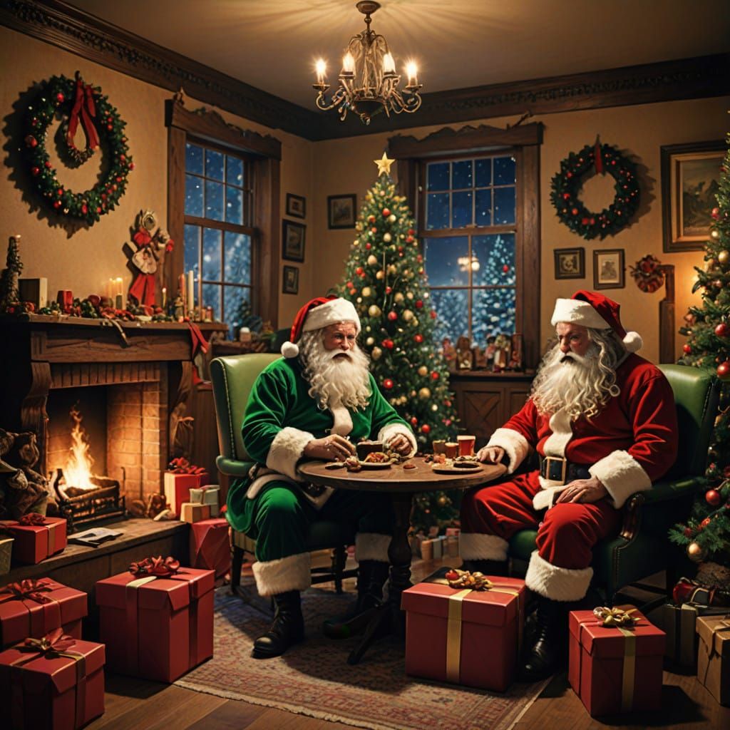 Surreal Christmas Eve Celebration with Drunk Santa and Elves
