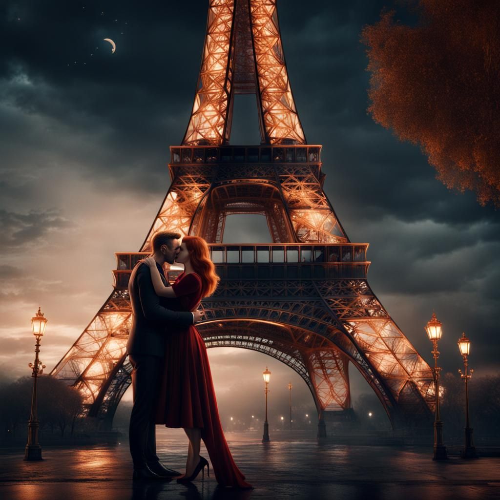 Romantic Kiss Under Eiffel Tower: Matte Painting