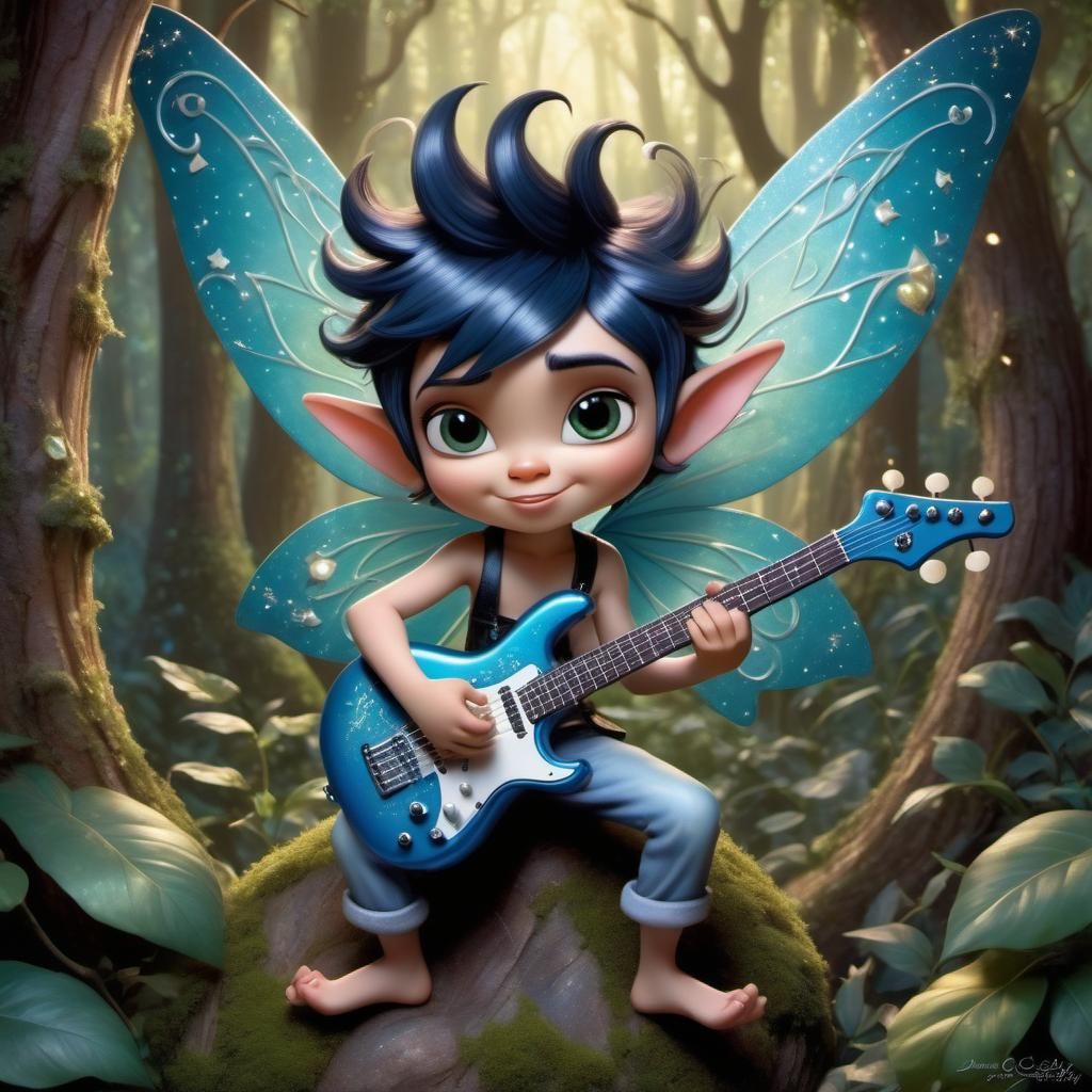 Disney Pixar, style, 3-D, adorable, male fairy, spiked hair and pointy ears, big, glittery bold wings, playing an electr...