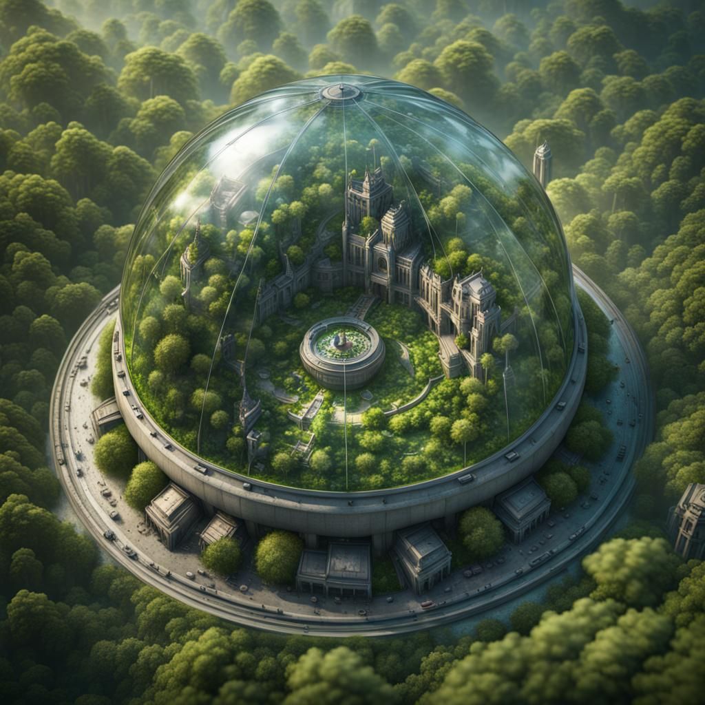 City Inside Glass Dome, Detailed Matte Painting