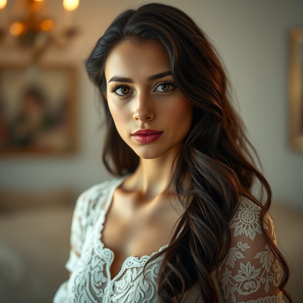 Hyper-Realistic Portrait of Young Woman in Softly Lit Room