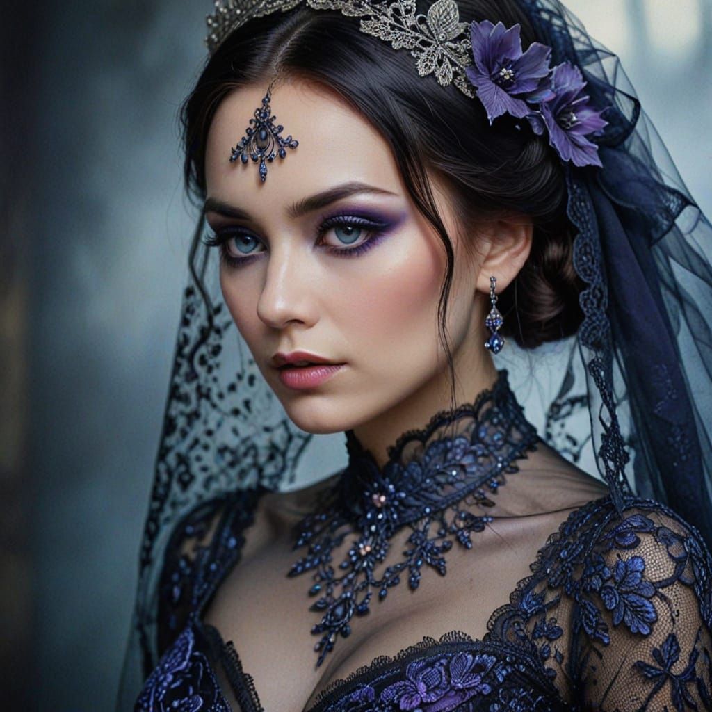 Gothic Realism Woman in Lacy Wedding Gown