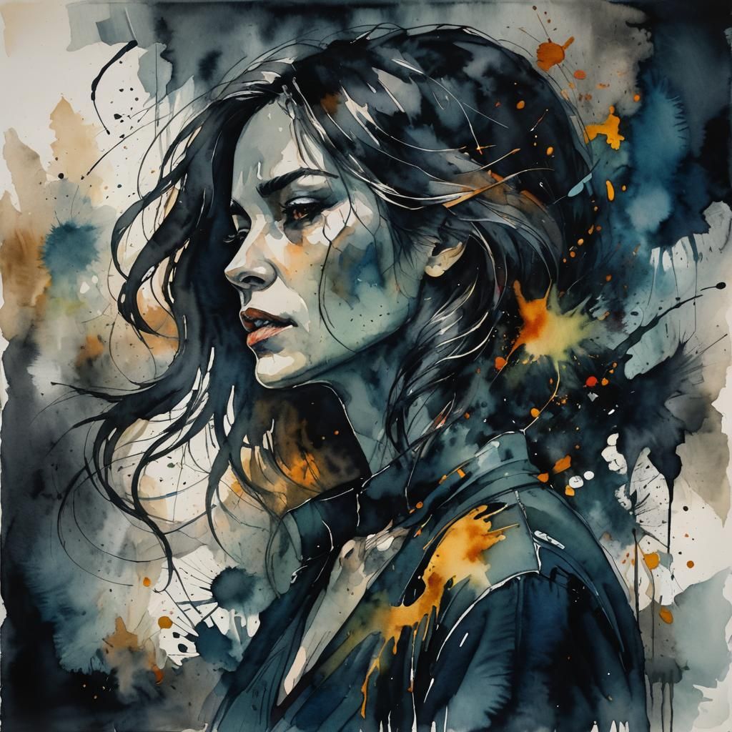 Dark and Moody watercolor, abstract featuring a woman portrait