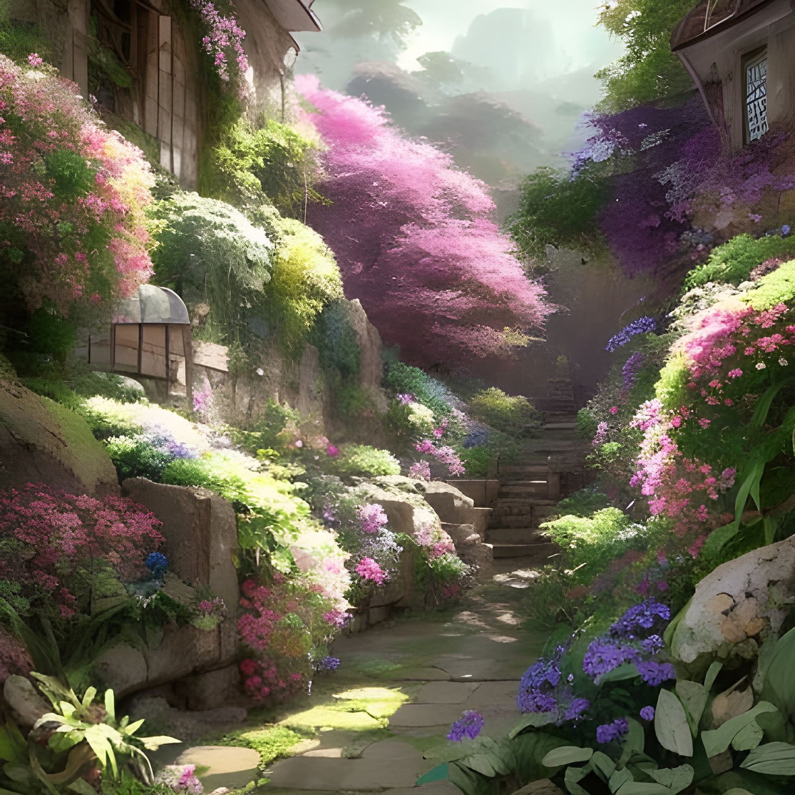 Lush Secret Flower Garden in Anime Style